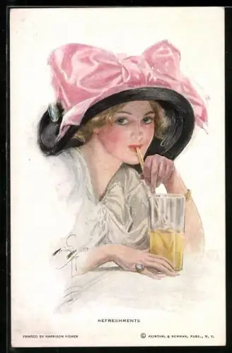 Künstler-AK Harrison Fisher: Refreshments, Dame in grossem Hut trinkt Limonade