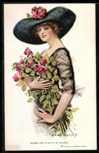 Künstler-AK F. Earl Christy: Roses are always in Season, Dame mit Rosen