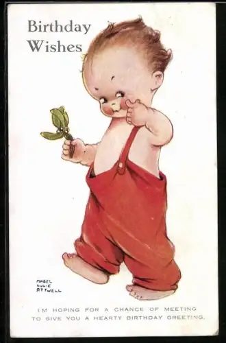 Künstler-AK Mabel Lucie Attwell: Kleiner Junge in Latzhose mit Mistelzweig