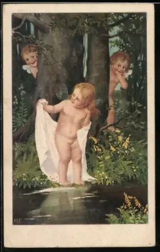 Künstler-AK Marie Flatscher (M.FL.): Susannchen im Bade von Elfen im Wald beobachtet
