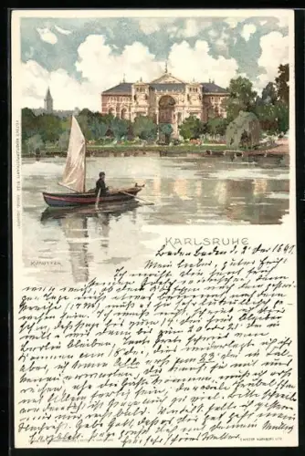 Künstler-AK Karl Mutter: Karlsruhe, Ruderboot auf dem Wasser