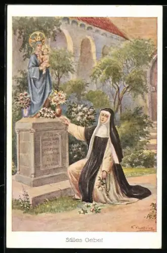 Künstler-AK Friedrich Kaskeline: Stilles Gebet, Nonne kniet vor Marienstatue