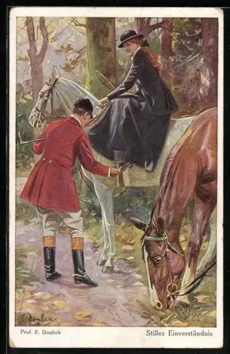 Künstler-AK Franz Doubek: Herr hilft einer Dame in den Sattel, Stilles Einverständnis