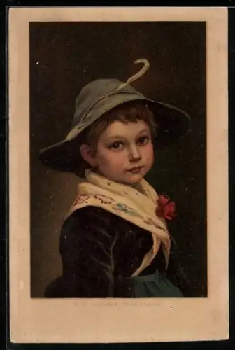 Künstler-AK Mizi Wunsch: Kleines Mädchen mit Feder am Hut, Studienkopf