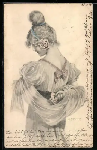 Künstler-AK W. Braun: Dame mit Rose im Haar