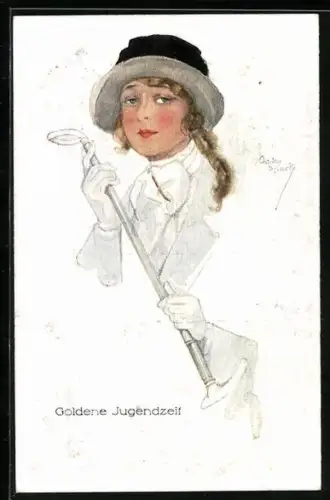 Künstler-AK Chicky Spark: Dame mit Gehstock