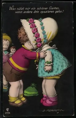 Künstler-AK Douglas Tempest: Junge küsst ein Mädchen mit Haube