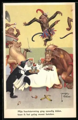 Künstler-AK Lawson Wood: Affen, Schwein und Pinguin im Restaurant