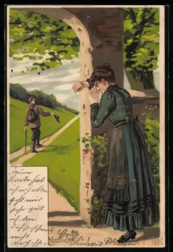 Künstler-AK Alfred Mailick: Mann mit Wanderstock lässt trauernde Frau zurück