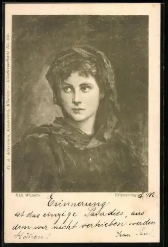 Künstler-AK Mizi Wunsch: Erinnerung, Frauenporträt mit Kopftuch