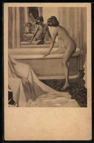 Künstler-AK Ferdinand von Reznicek: nackte Frau betrachtet sich selbst im Spiegel beim Einsteigen in die Badewanne