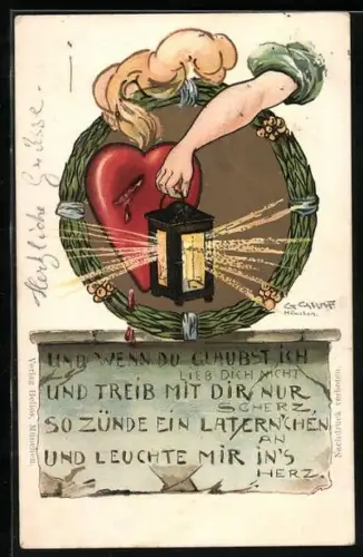 Künstler-Lithographie Gottfried Graf: Laterne leuchtet in ein kaputtes Herz