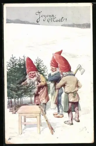 Künstler-AK Karl Feiertag: Zwerge verkaufen Weihnachtsbäume