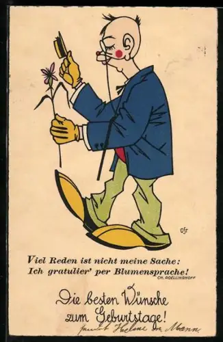 Künstler-AK Oskar Petersen: Mann mit Blume in der Hand, Geburtstagsgruss