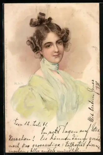 Künstler-AK M. S. M.: Frauenportrait mit lockiger Hochsteckfrisur und Halstuch