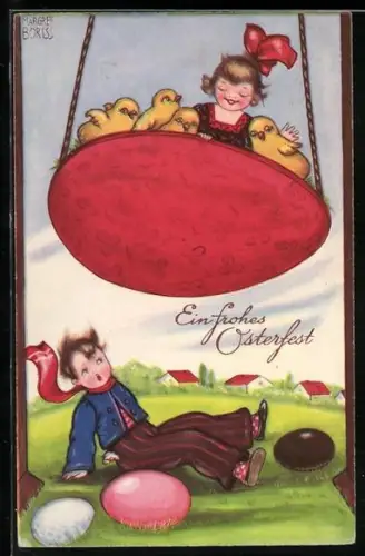 Künstler-AK Margret Boriss: Mädchen und Küken schaukeln in einem Osterei