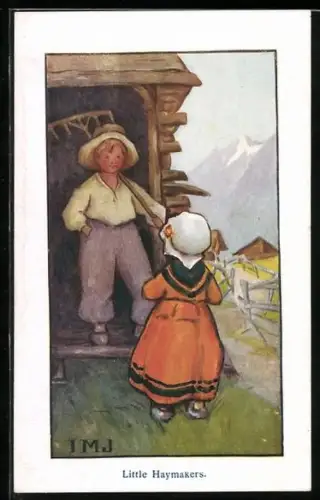Künstler-AK I.M.J.: Little Haymakers, Kleiner Bauer mit Harke