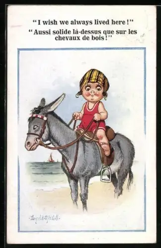 Künstler-AK Donald McGill: Mädchen reitet auf einem Esel am Strand