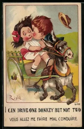 Künstler-AK Right: Junge küsst Mädchen mit Eselsgespann