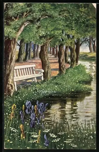 Künstler-AK Maxim Trübe: Sitzbank und blühende Blumen am Ufer