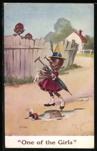 Künstler-AK T. Gilson: Mädchen spiegelt sich in einer Pfütze