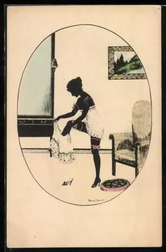 Künstler-AK Manni Grosze: Dame zieht ihre Unterwäsche an