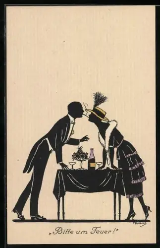 Künstler-AK Friedrich Kaskeline: Mann zündet die Zigarette einer Dame an