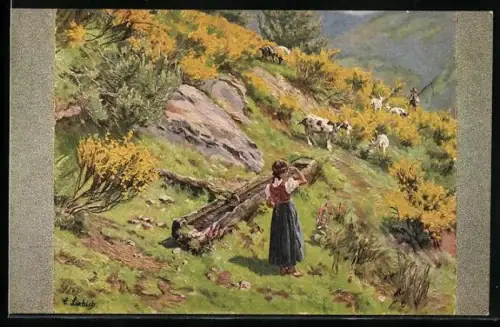 Künstler-AK Curt Liebich: Mädchen hütet die Ziegen im Schwarzwald