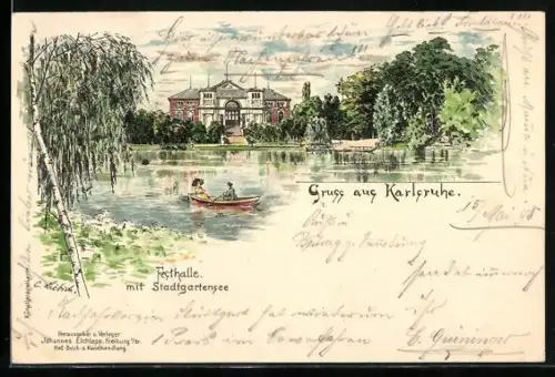 Lithographie Karlsruhe, Festhalle mit Stadtgartensee