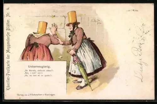 Künstler-AK Fritz Reiss, Meggendorfer Blätter Nr. 4: Ueberneugierug, Frauen blicken durch ein Loch in einer Mauer