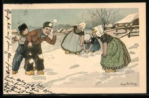 Künstler-AK Georg Mühlberg: Niederländische Kinder mit Holzschuhen im Winter bei einer Schneeballschlacht