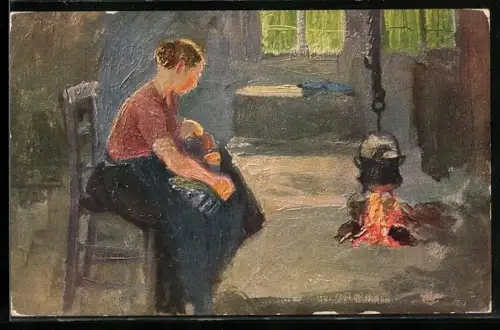Künstler-AK sign. Fritz Mackensen: Junge Mutter am Kochfeuer
