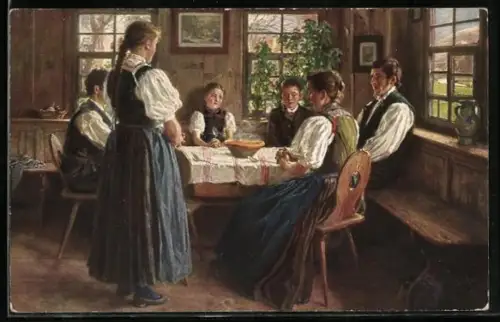 Künstler-AK W. Hasemann: Tischgebet, Familie in Schwarzwälder Tracht beim Gebet