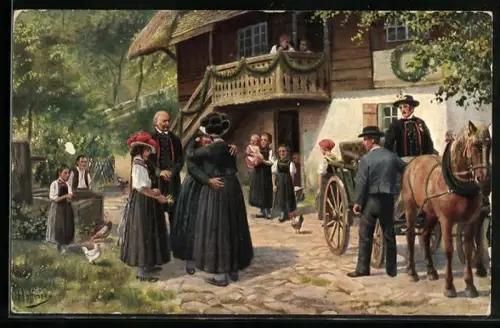 Künstler-AK H. Hoffmann: Schwarzwald, Abschiedsszene vor dem Elternhaus