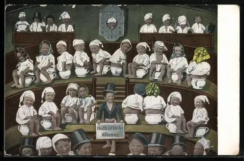 AK Toilettenhumor, Öffentliche Sitzung, Kinder sitzen gemeinsam auf dem Topf