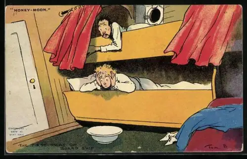 Künstler-AK Tom Browne: Honey-Moon, The First Night on Board ship