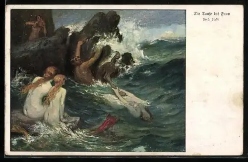 Künstler-AK sign. Ferd. Leeke: Die Taufe des Faun, Meerjungfrau zieht Faun ins Meer