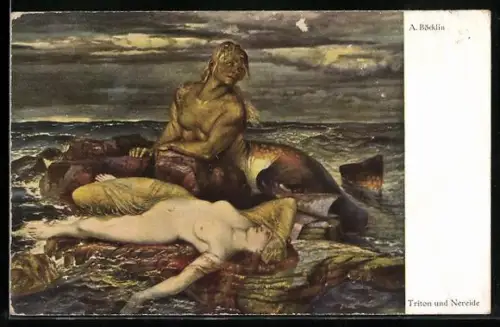 Künstler-AK Arnold Böcklin: Triton und Nereide, Nereide liegt nackt auf einem kleinen Felsen im Meer, Triton neben ihr