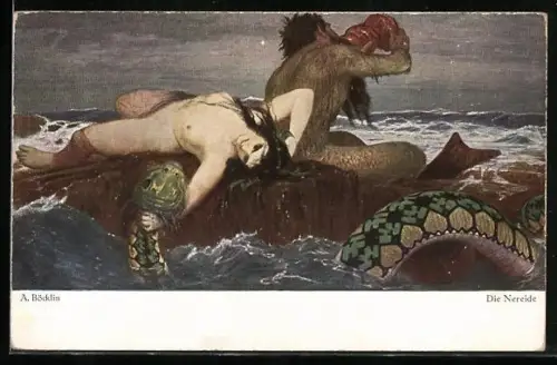 Künstler-AK Arnold Böcklin: die Nereide auf einem Felsen im Meer