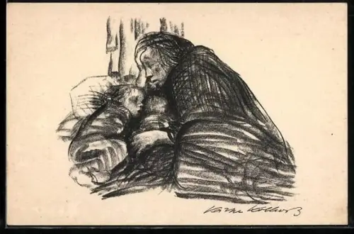 Künstler-AK Käthe Kollwitz: Städtisches Obdach, Erschöpfte Frau und zwei schlafende Kinder