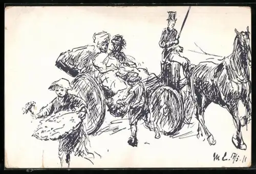 Künstler-AK sign. Max Liebermann: Kutschfahrt, Postkarte zum Besten des Hilfstages für Mutter und Kind