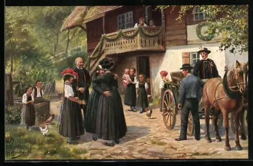 Künstler-AK H. Hoffmann: Schwarzwald, Abschiedsszene vor dem Elternhaus