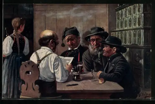 Künstler-AK H. Hoffmann: Dorfpolitiker, Männer in Schwarzwälder Tracht sitzen im Wirtshaus am Ofen zusammen