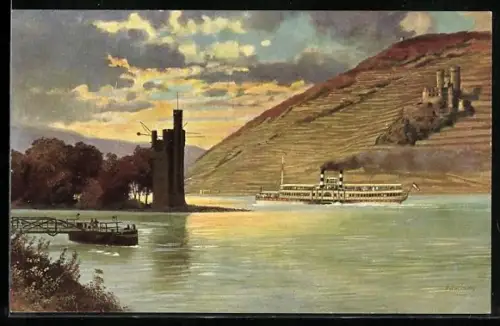 Künstler-AK H. Hoffmann: Der Mäuseturm und Ruine Ehrenfels, Dampfer