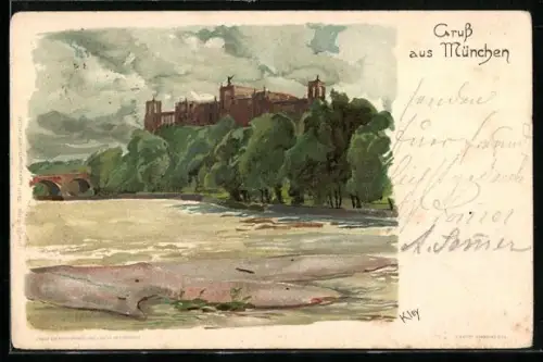 Künstler-AK Heinrich Kley: München, Maximilianeum aus dem Flussbett der Isar gesehen