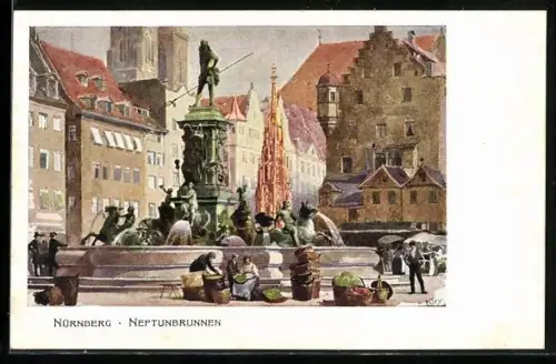 Künstler-AK Heinrich Kley: Nürnberg, Am Neptunbrunnen