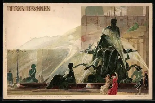 Künstler-Lithographie Heinrich Kley: Karlsruhe, Begas-Brunnen