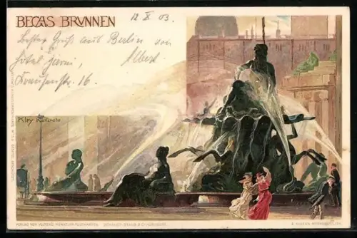 Künstler-Lithographie Heinrich Kley: Karlsruhe, Begas-Brunnen