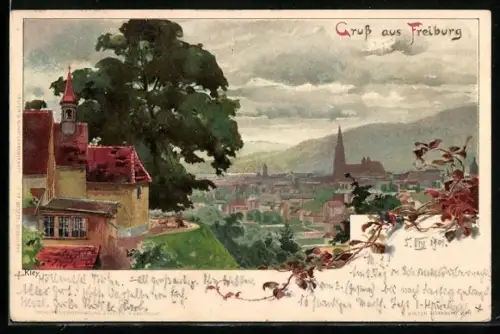 Künstler-AK Heinrich Kley: Freiburg, Ortsansicht mit Kirche