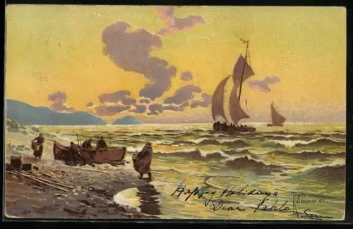 Künstler-AK Robert Kämmerer: Seeleute landen mit einem Ruderboot an Land